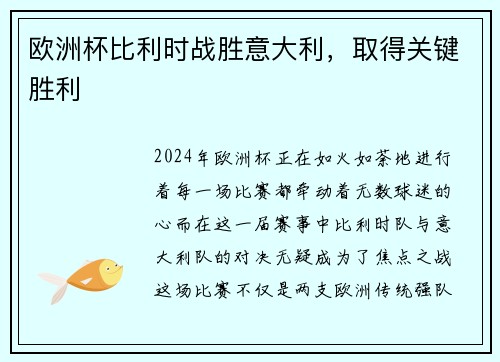 欧洲杯比利时战胜意大利，取得关键胜利
