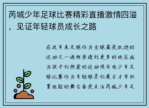 芮城少年足球比赛精彩直播激情四溢，见证年轻球员成长之路